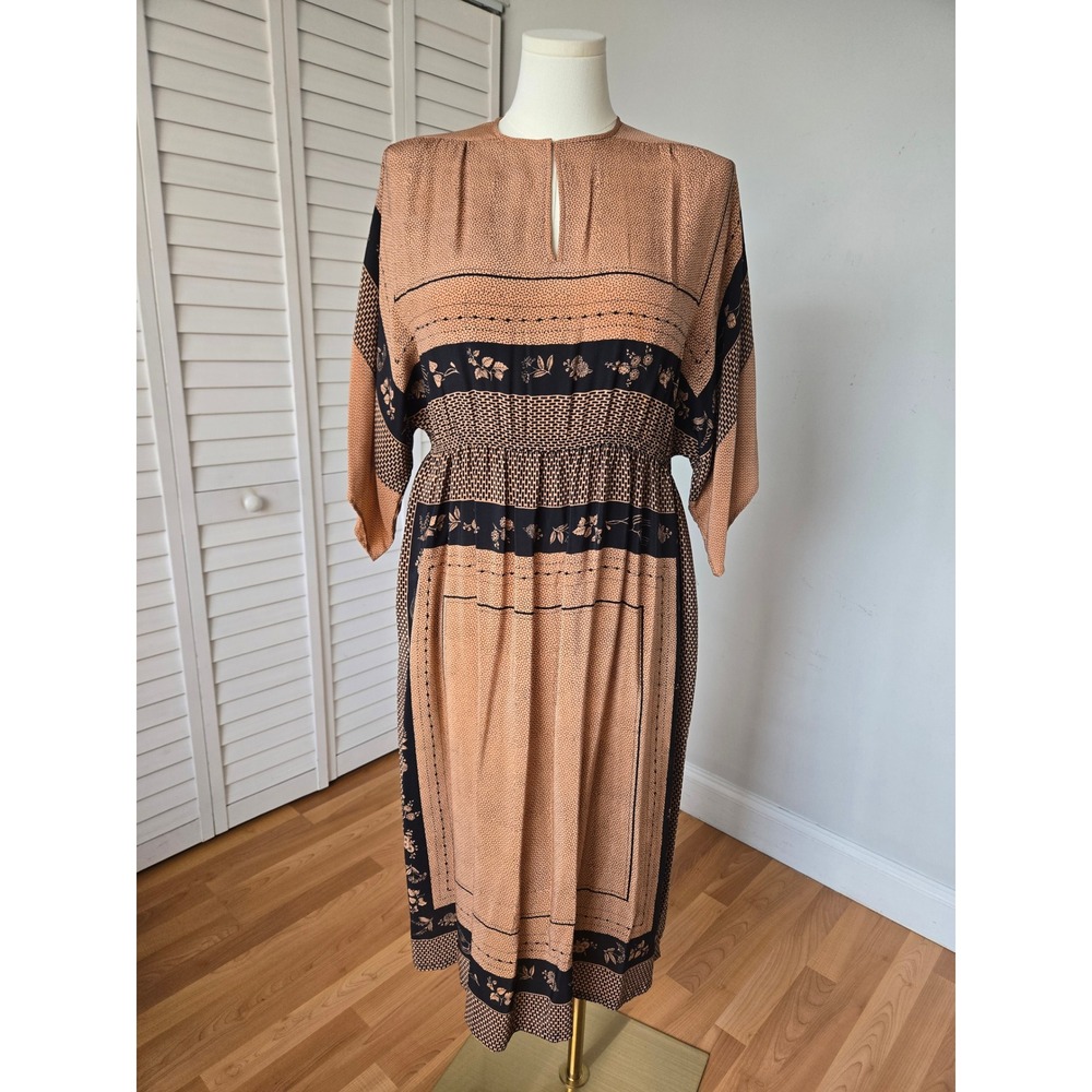 Vtg 80s Soo Yung Lee 100% Silk Mixed Print Kimono Dress Tan Black 12 Boho Retro